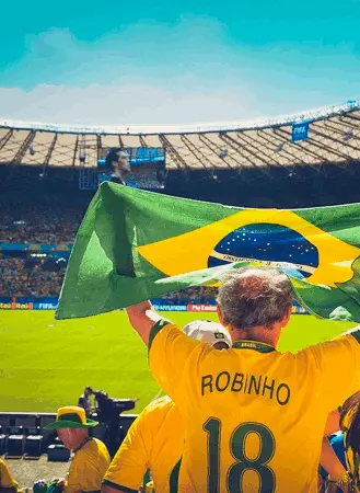 torcedor do brasil com a camiseta do robinho e bandeira do brasil em um estádio de futebol